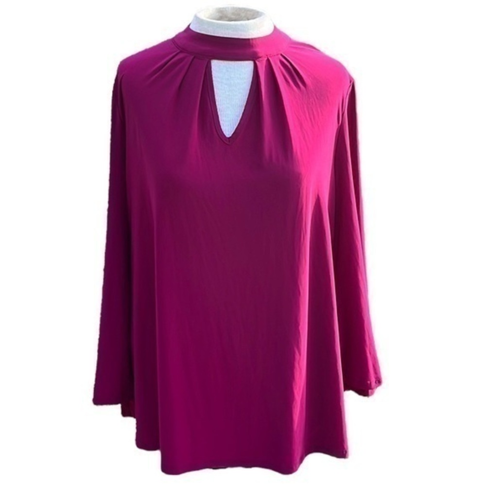 New Directions Flare Sleeve Blouse Key Hole Choker Front, Magenta Color